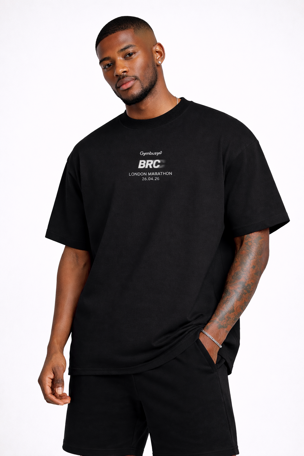 Model in Gymbusy T-shirt on white backdrop